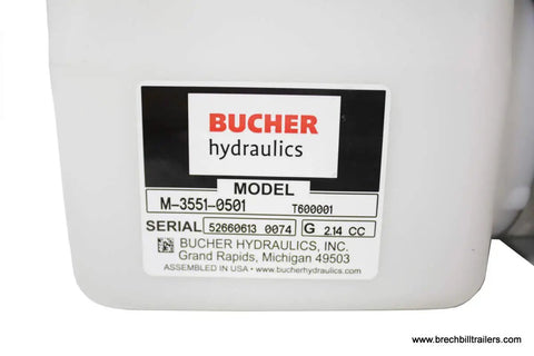 Close-up of Bucher Hydraulics label on Beefy Double Acting Hydraulic Pump Assembly With Power Up And Power Down, 3200 PSI Max, 2 GPM