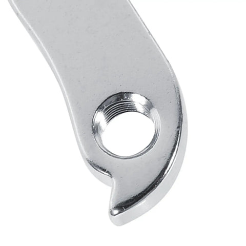 Universal Aluminum Rear Derailleur Hanger close-up, CNC milled, alloy, 1.57 x 2.36 in, detail of hole for attachment.