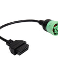 9 Pin J1939 Male To 16 Pin OBD2 OBDII Female Right Angle Adapter Cable for heavy duty trucks, black cable with green connector