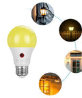 Dusk To Dawn Amber LED Outdoor Bulbs With Built In Sensor 2000K Warm Glow 9W 60W Equivalent E26 Base Bug Light For Porch Patio Backyard UL Listed 4 Pack Great For Porch And Patio Ambience And Bug Free Evenings, bulb and usage scenarios shown