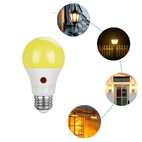 Dusk To Dawn Amber LED Outdoor Bulbs With Built In Sensor 2000K Warm Glow 9W 60W Equivalent E26 Base Bug Light For Porch Patio Backyard UL Listed 4 Pack Great For Porch And Patio Ambience And Bug Free Evenings, bulb and usage scenarios shown