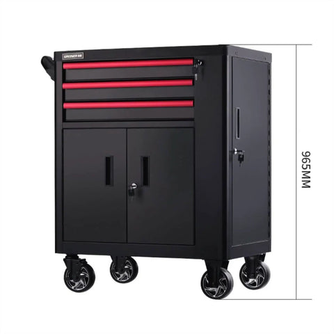 Rolling 3 Drawer Tool Chest Cabinet for Garage and Workshop, Heavy Duty Tool Organizer with Large Bottom Storage and Side Cabinets, Black Rolling Tool Box for Sockets, Wrenches, and Screwdrivers, Easy Glide Casters