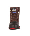 Front view of MudDog Waterproof Steel Toe Work Boot For Men Dark Chocolate Size 10 M with gusset tongue and steel shank.