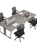 Rock Solid Four Person Office Workstation With Privacy Screens And Built Tough Carbon Steel Frame Featuring Thick Panel Table Plus Massive Storage Lockers And All In One Chair Combo, top view with gray tabletop and four black chairs.