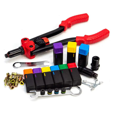 Heavy Duty Rivet Nut Tool Kit With Ergonomic Handle For Sheet Metal And Auto Jobs. No Tool Change Needed. Tough Steel Build Includes 10 Rivets And Nuts Plus Sturdy Case. kit with red handles, color-coded mandrels, nuts and bolts
