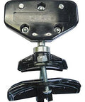 Front view of a black metal clamp mount with screw-adjust jaw and hex bolts