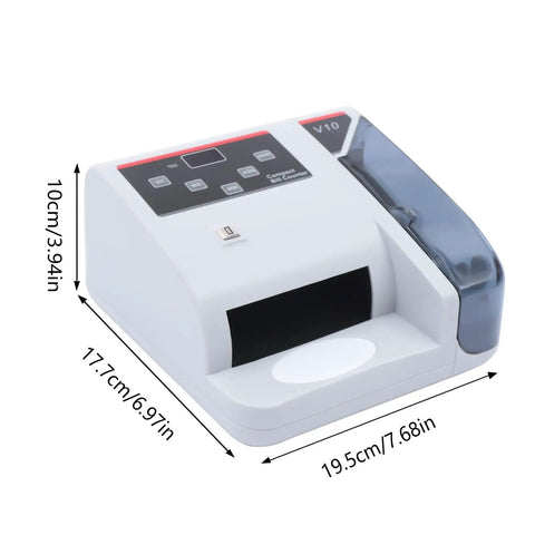 Mini Portable Money Counter Machine, front view with measurements and display, reliable for small business cash counting.