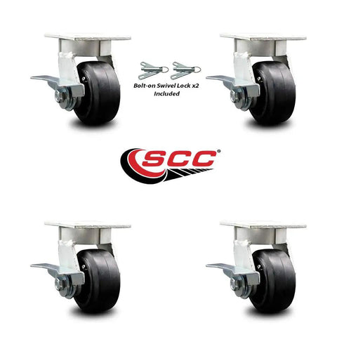 Heavy Duty Kingpinless Caster Set Featuring Four Inch Black Rubber On Cast Iron Wheels Two Bolt Lock Swivels With Brakes Plus Two Standard Braked Units Badass Build To Crush Heavy Loads And Roll Smooth Daily