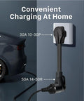 No Sweat Heavy Duty Nema 10 30P Male To 14 50R Female Ev Charger Adapter Cord connected to a vehicle, displayed for home charging.
