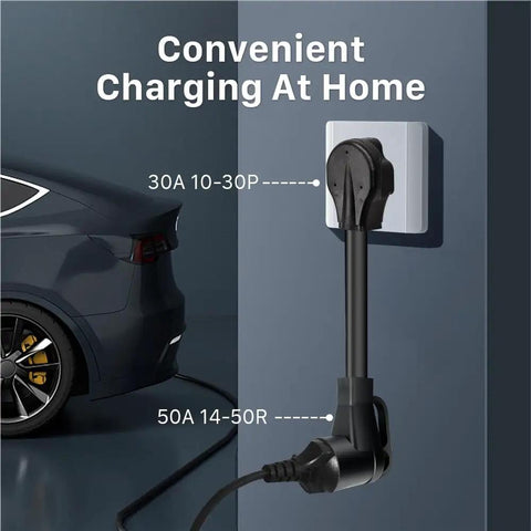 No Sweat Heavy Duty Nema 10 30P Male To 14 50R Female Ev Charger Adapter Cord connected to a vehicle, displayed for home charging.