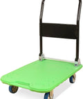 Heavy-Duty 4-Wheel Cart With Rolling Platform Trolley, Metal And Plastic Deck, green plastic deck with black handle