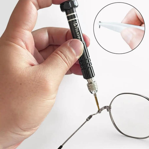 Hand using Must Have Eyeglass Repair Kit With S2 Steel Precision Screwdriver And 15 Screw Sizes for quick at home fixes on glasses hinge