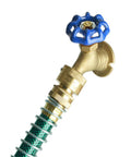 Heavy Duty Solid Brass Garden Hose Valve With Drip Free Shut Off And Knockout Durability For Yard Irrigation No Fuss 1/2 Inch FNPT To 3/4 Inch MNH Adapter showing green hose and blue handle.