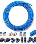 Blue PU pneumatic air hose 6mm OD × 4mm ID, 12 m, with brass push-fit fittings and a blue clamp
