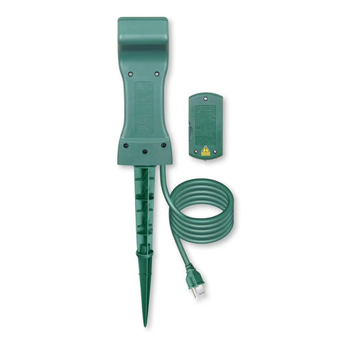 Heavy Duty Outdoor Power Stake With Remote Timer And Photocell Sensor Three Grounded Weatherproof Outlets For Christmas Decorations Plug And Play No Fuss Setup With Long Range Wireless Controller And Ul Certified Build, showing the power stake and remote.