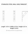Stainless Steel Wall Shelf Bracket L Shape Heavy Duty Support dimensions illustration, side and front views.