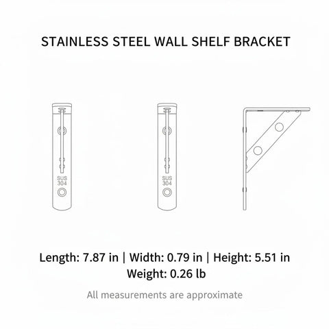 Diagram of Heavy Duty Wall Mount Shelf Bracket Stainless Steel L Bracket dimensions including length, width, and height.