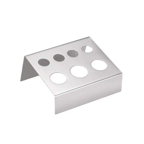 Pro Grade Stainless Steel Tattoo Ink Cup Holder Stand with 7 holes, silver durable metal design, side view.