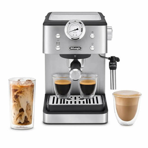 Silver 15 Bar Espresso Coffee Machine With Adjustable Brewing Controls For Homemade Cappuccinos And Lattes with two espresso cups and a glass of cappuccino.