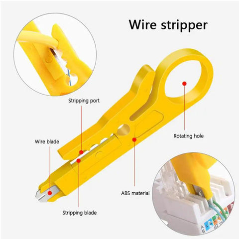 No Fuss Multi-Function Heavy-Duty Network Cable Tester Tool Kit, Wire Stripper And Rj45 Rj11 Cat5 Cat6 Punch Down Crimping Wrench, Straight Up Solid Repair Gear Yellow close-up of yellow wire stripper with stripping port and blade features
