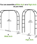 Diagram showing assembly options for the Green 7.9 Ft Metal Garden Arbor Arch For Climbing Plants with wide and high arches.