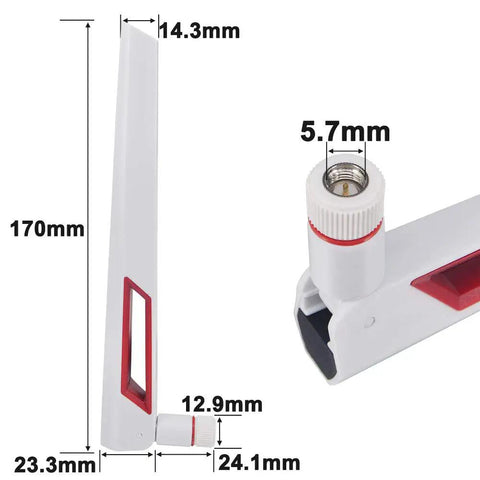 Dual Band Antenna 2.4 GHz 5 GHz High Gain 5 dBi SMA Male Plug and Play with dimensions in millimeters