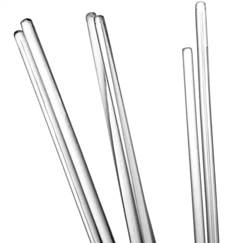 Close-up of 250mm x 6mm glass stirring rods from Low Form Glass Beaker Set With Two 250mm x 6mm Stirring Rods Includes 50 100 250 500 And 1000 Milliliters Beakers In 3.3 Borosilicate Glass With Double Metric Scale For Lab Use And DIY Chemistry Projects