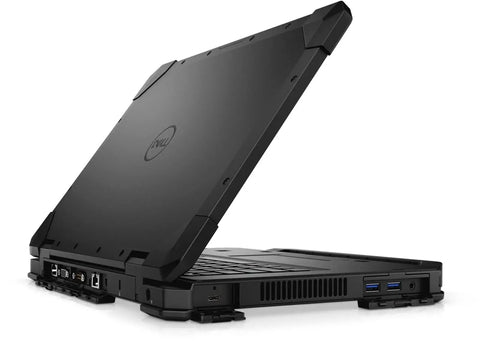 Rugged Latitude Fifty Four Twenty Laptop With Crisp Touchscreen Intel Core I5 Eight Thirty Five Chip Delivering Three Point Six Ghz Quad Power Sixteen Gb Ram Two Fifty Six Gb Ssd Windows Eleven Pro Built Tough For Job Sites Certified Refreshed Black, angled rear view showing rugged design and ports.