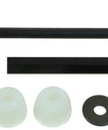 Top-down view of MOOG suspension stabilizer bar link kit components: bolt, spacer, four white bushings, three washers