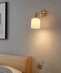 Wall Lamp, Nordic Minimalist Bedroom Light, Brass Ceramic Retro Lamps, wall mounted sconce next to bed with decorative shade.