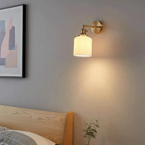 Wall Lamp, Nordic Minimalist Bedroom Light, Brass Ceramic Retro Lamps, wall mounted sconce next to bed with decorative shade.
