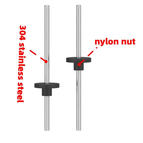 Tr3.5x0.609 Trapezoidal Lead Screw With Nylon Nut For 3D Printers, 304 stainless steel, side view showing nylon nut attachment