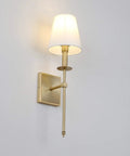 Set of 2 Rustic Industrial Wall Sconces With Flared White Textile Shades and Antique Brass Tapered Column Stands, Hardwired E26 Base