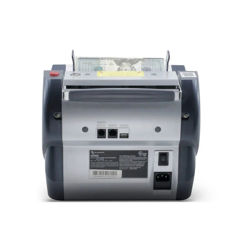 Back view of bank grade bill counter with batch value and total denomination calculator, multi currency, MG and UV detection