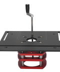Top Tier Manual Router Lift Kit Featuring Quick Setup Router Table Mount And Secure Clamp Insert Base Plate For Hella Accurate Professional Woodworking Projects In Matte Black Finish shown from a top angle.