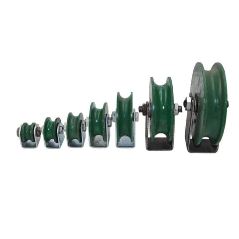 FFDSDUH green metal caster wheels set with U-groove track wheels and mounting brackets, multiple sizes shown