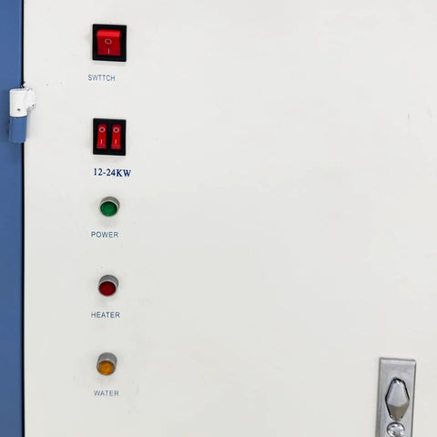 Control panel of Heavy Duty Steam Bottle Sleeve Label Shrinking Machine with buttons for power and heater, indicating 12-24KW.