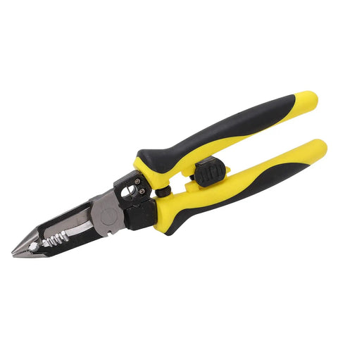 Multi Function Wire Stripper And Crimping Pliers With Safety Latch For Electrical DIY Projects, Pro Grade Tool, yellow and black handle