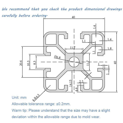Technical drawing of 4 Pack 4040 Aluminum T Slot Extrusion Profile Set 27.5 Inch European Standard Anodized Linear Rail