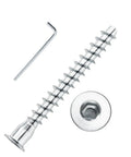 Close-up of M6.3 X 50mm hex socket countersunk self tapping furniture screws with Allen key, carbon steel zinc plated.