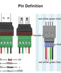 Two Pack USB 2.0 Type A Male To Four Pin Screw Terminal Connectors, 300V 8A, Nickel Plated, Built Tough For Power Testing, Keyboard, Mouse, Camera And Other DIY Electronics Projects pin definition diagram