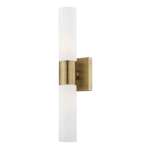 Aero ADA Bath Vanity Light Bar, 2 Light, Antique Brass Finish, Modern Tubular Opal Glass Diffusion, Vertical Mount Front View