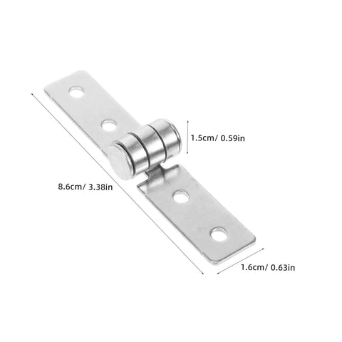 Close-up of stainless steel heavy-duty cabinet hinge with two mounting plates and cylindrical hinge barrel.