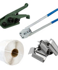 All In One Poly Strapping Kit With Tensioner And Sealer 3000 Feet Of Half Inch Polypropylene Mini Coil Includes 250 Seals 300 Pound Tensile Strength Portable Lightweight Pack Made In The USA showing tools, coil, and seals