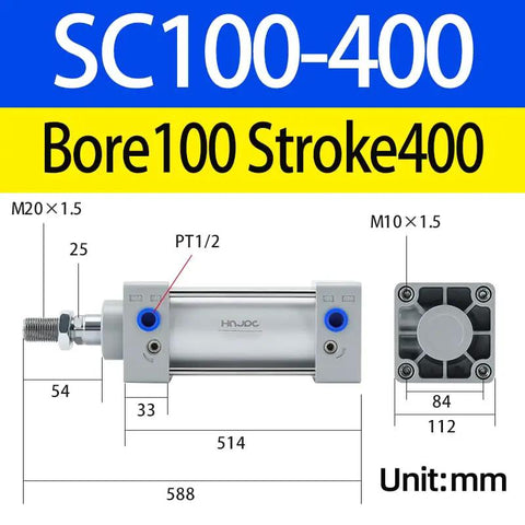 SC100-400 pneumatic cylinder diagram with dimensions, showcasing Bore 100mm, Stroke 400mm, and measurement details in millimeters.