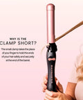 1 Inch Ceramic Rotating Curling Iron with Auto Spin Wand for Effortless Beachy Waves in use, showcasing short clamp design