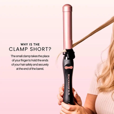 1 Inch Ceramic Rotating Curling Iron with Auto Spin Wand for Effortless Beachy Waves in use, showcasing short clamp design