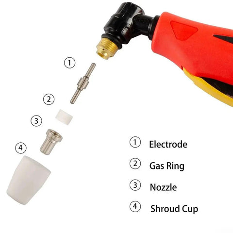 Exploded view of 60 Pcs PT31 LG40 Plasma Cutter Electrode Tips Cup Extended Nickel Plated Kit showing components labeled 1 to 4.