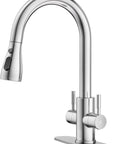 Hurran Kitchen Sink Faucet with Pull Down Sprayer, Brushed Nickel, two handles, high arc design, stainless steel, suitable for kitchens.