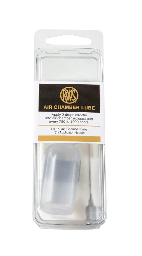 Air Gun Chamber Lube 0.5 Ounce with Applicator Needle in packaging, silicone oil lubricant for PCP and air pistols to prevent jamming.